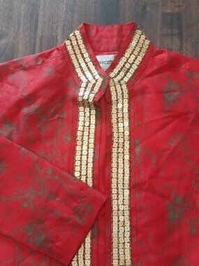 Chicos 0 100% Silk Jacket Womens S 4 Red Gold Sequin Trim Print Open Front Lined